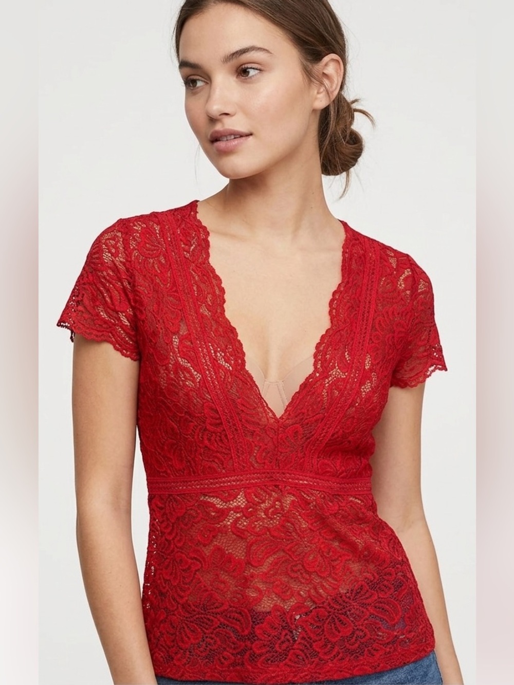 REVAMPED sexy Red Mesh Lace v neck t-shirt blouse